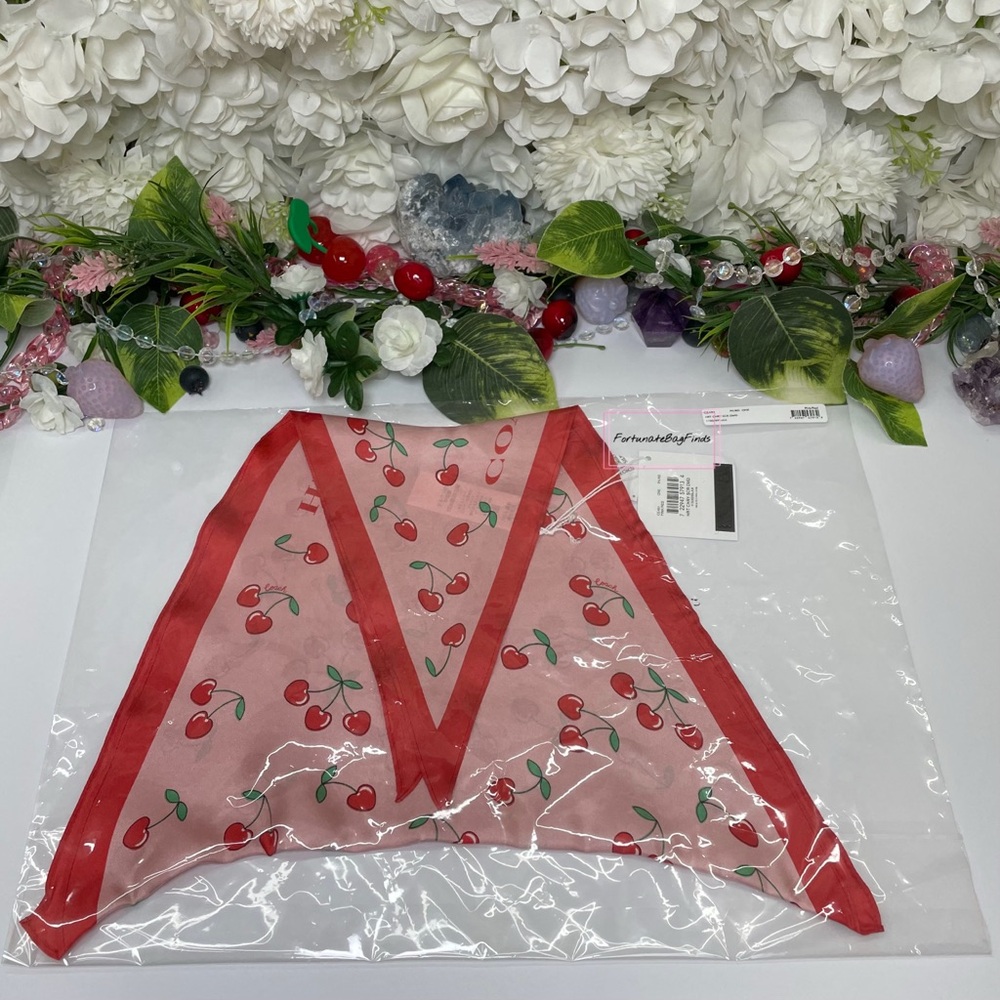 Coach Pink Red Silk Diamond Scarf with Heart Cherry Print CE481 - Picture 4 of 6